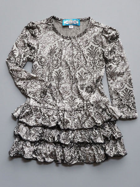 Adore La Vie Silver Damask Print Toddler & Girls Dress Sizes 2, 4, 6