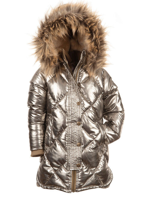 Girls gold long gold puffer coat with hood.