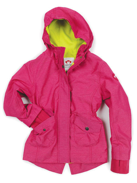 Girls pink windbreaker by Appaman. Hip-length.  Elastic cinched waist. Ribbed wrists with thumbholes.