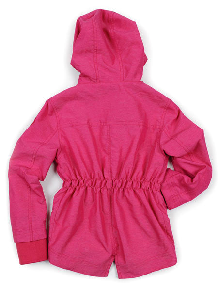 Back view of the girls pink windbreaker by Appaman. Hip-length. Elastic cinched waist. Ribbed wrists with thumbholes.