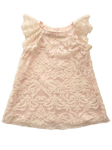 Lace baby and toddler girls dress. Ivory lace overlay, pink light weight satin underlayer. Ruffled cap ivory lace sleeves.