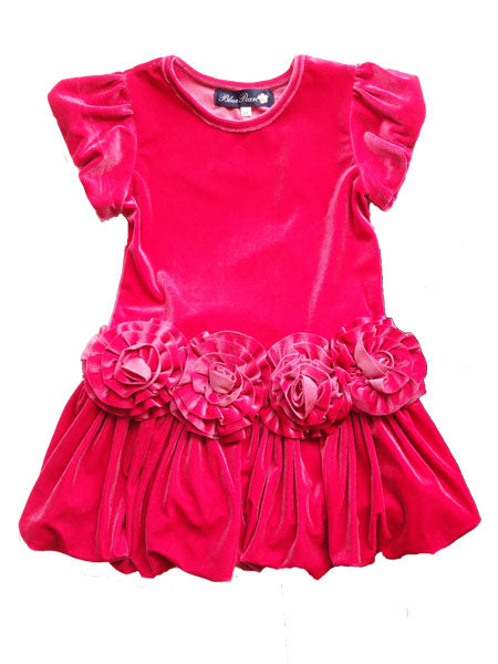 Fuschia pink velvet velour girls party dress by Mulberribush. Short sleeves. Drop waist with rosette trim, gathered skirt.