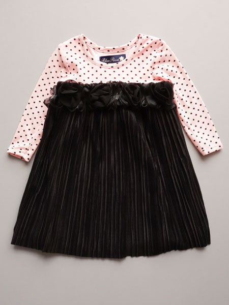 Black party dress with pink and black dot accent fabric. For baby and toddler girls.