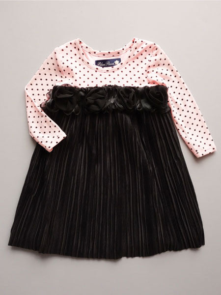 Black party dress with pink and black dot accent fabric. For baby and toddler girls.