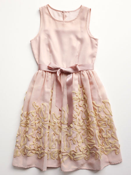 Blush pink chiffon dress embellished with gold metallic lace on skirt, pink satin ribbon belt at waist. Sleeveless. Blush by Us Angels girls party dress.