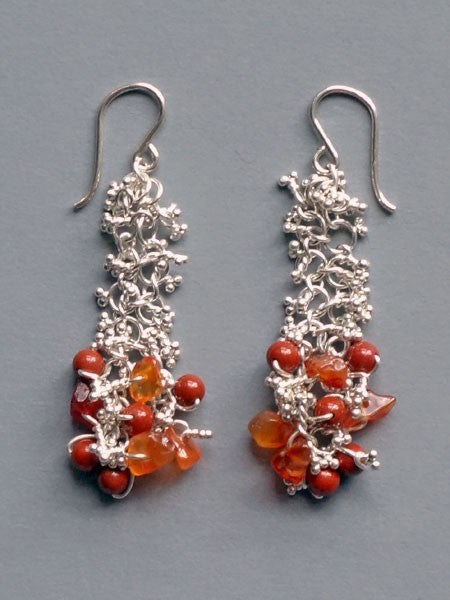Silver signature Carol Max chain link dangle earrings. Carnelian and red jasper bead accents.