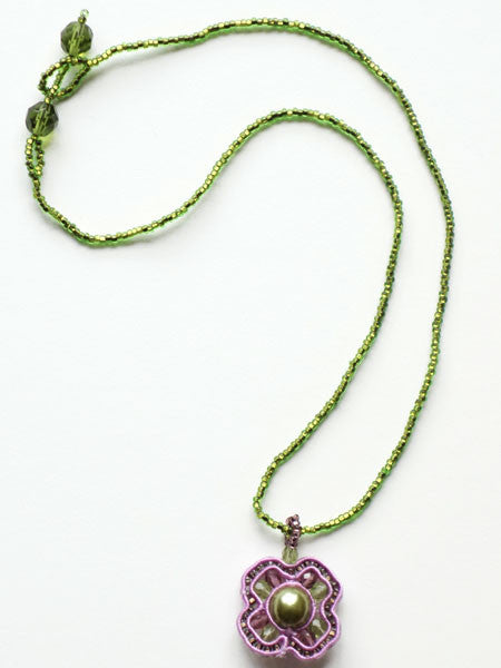 Green & Lavender Woven Bead Pendant  Necklace 16" Long