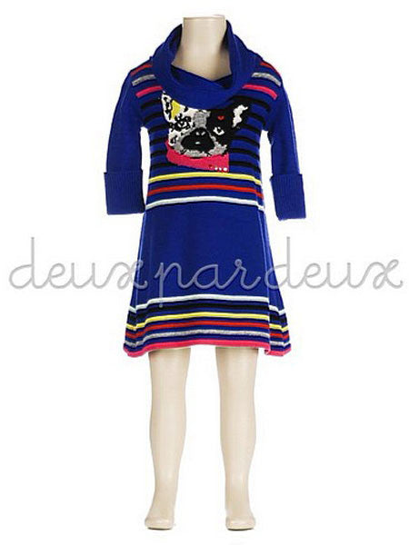 Deux Par Deux Blue Sweater Dog Pattern Knit Dress Size 4