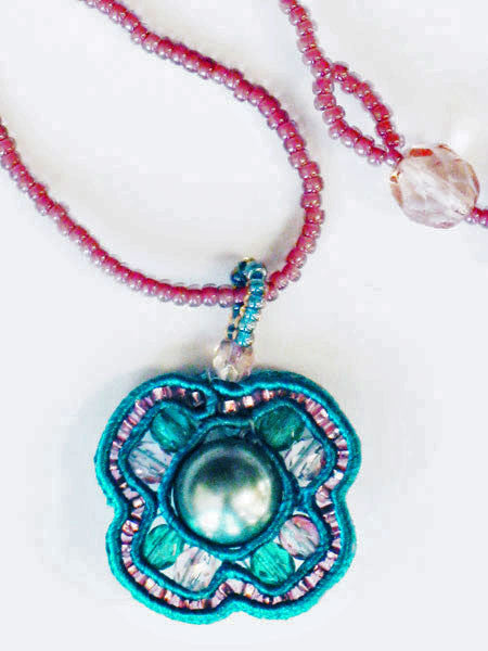 Pink & Teal Woven Bead Pendant Necklace 16" Long