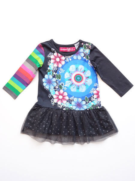 Dark charcoal gray and multicolor floral baby girls dress. Drop waist style with tulle skirt. Long sleeves, one rainbow striped sleeve.