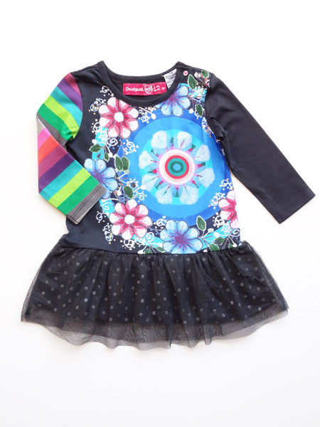 Dark charcoal gray and multicolor floral baby girls dress. Drop waist style with tulle skirt. Long sleeves, one rainbow striped sleeve.