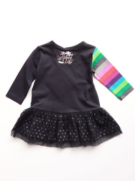 Back view of dark charcoal gray and multicolor floral baby girls dress. Drop waist style with tulle skirt. Long sleeves, one rainbow striped sleeve.