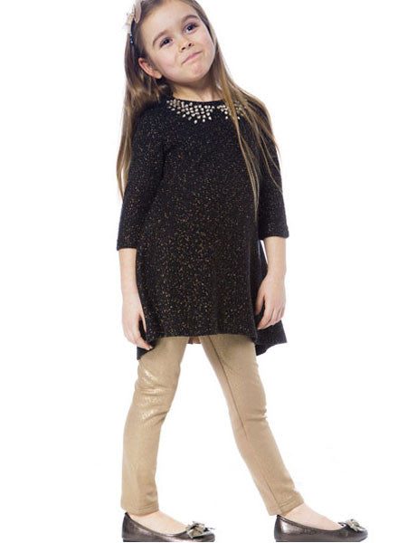 Deux Par Deux Black Tunic Dress Top with Plisse Girls Sizes 4-7