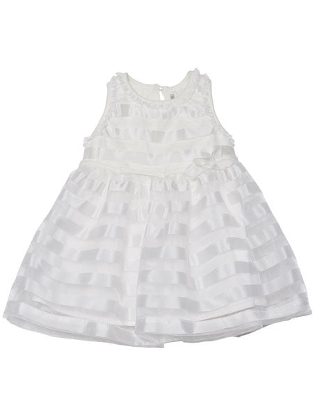 Striped white satin organza dress, sleeveless. There is a ruffle around a crew round neck. Party and occasion dress for baby and toddler girls by Deux Par Deux.
