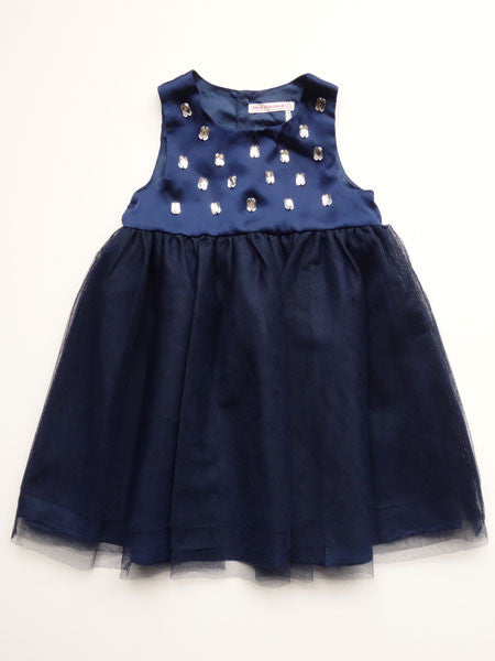 Blue satin dress with soft mesh tulle overlay. Empire waist. Sleeveless. For  baby and  toddler girls.