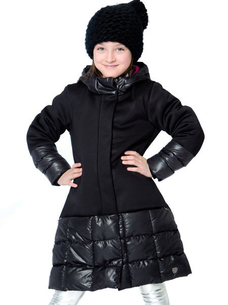 Deux Par Deux stylish long puffer coat in black for girls.