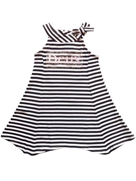 Swing style toddler girls dress, black and white stripe. Sleeveless with bow at one shoulder.