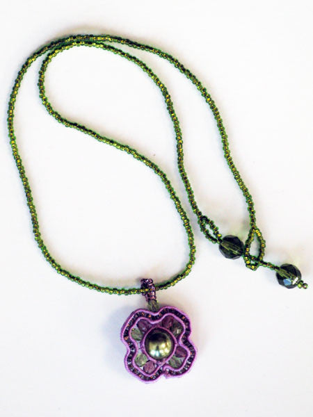 Green & Lavender Woven Bead Pendant  Necklace 16" Long
