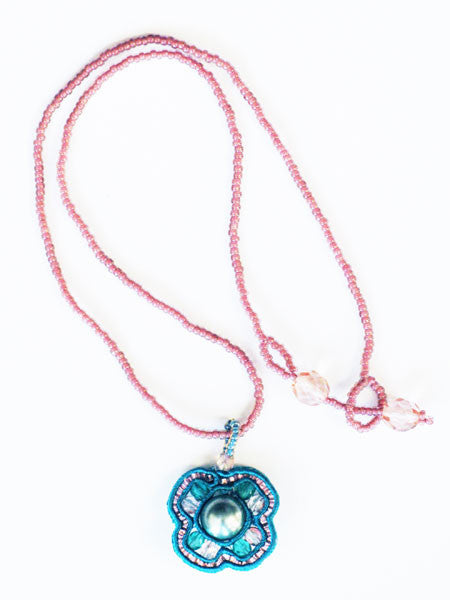 Pink & Teal Woven Bead Pendant Necklace 16" Long
