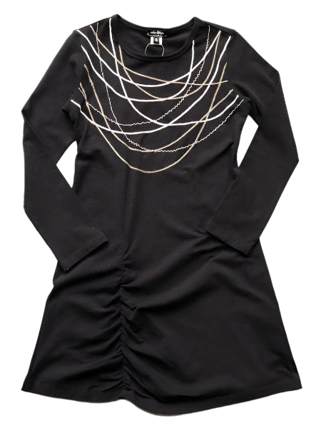 Black long sleeve dress. Embroidered silver necklace chain stitch on upper bodice.