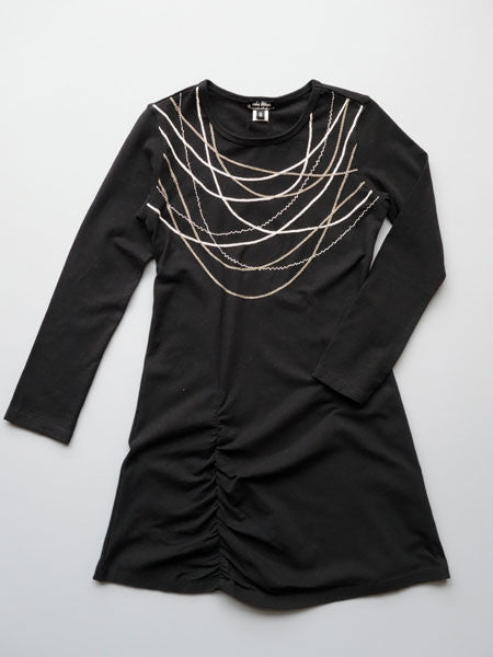 Black long sleeve dress. Embroidered silver necklace chain stitch on upper bodice.