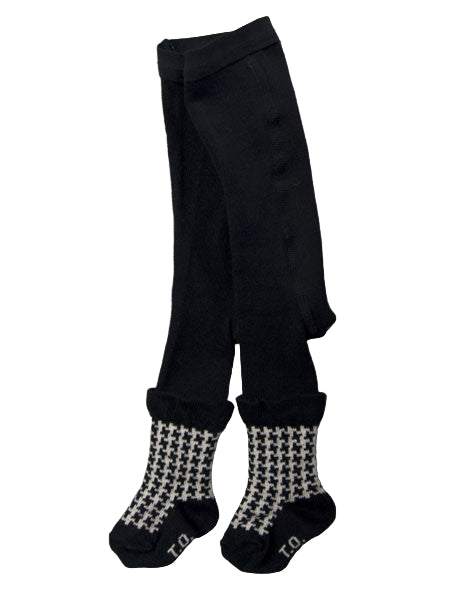 Black tights with houndstooth patterned socks on a white background