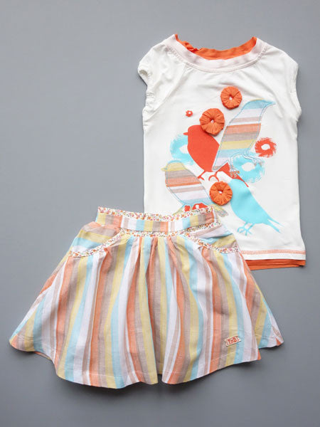 Fore N Birdie Little Girls Bird Applique Top & Stripe Skirt Set Sizes 4T, 6