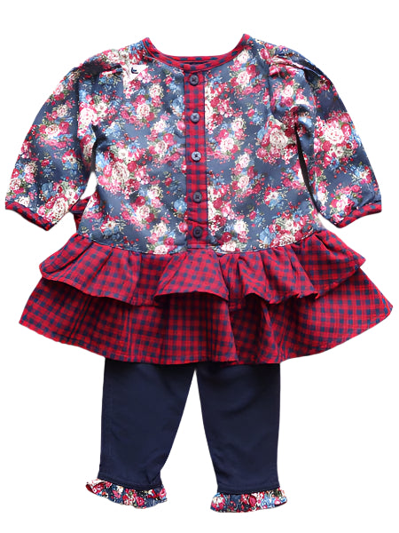 Navy floral baby dress with red and blue gingham ruffled skirt, long sleeves. Drop waist style. Navy matching leggings with floral ruffle at hem.