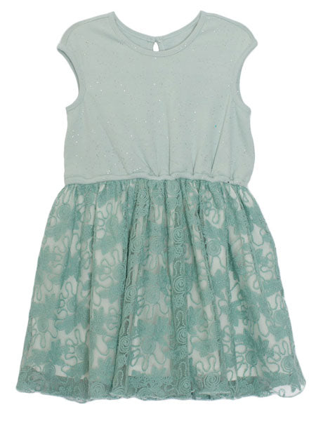 Girls sleeveless summer party dress. Mint green top with micro silver specs,  overlay embroidered skirt.
