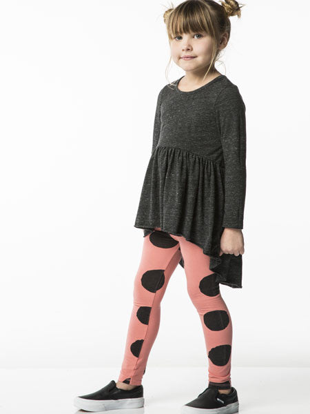 Charcoal grey girls high low jersey tunic by Joah Love shown with pink and black dot leggings.