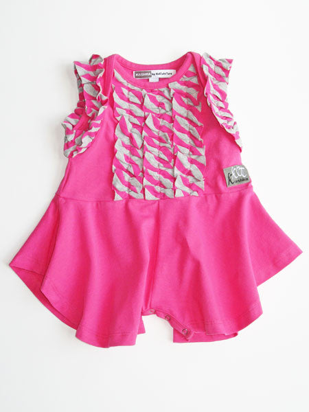 Baby girls  one piece romper skort . Raspberry pink. Sleevless wiyh gray and pink striped ruffle trim  on  armholes and down the front to the waist
