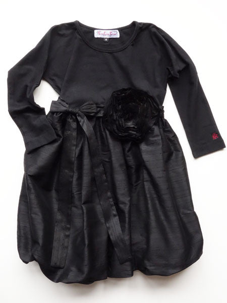 Girls black party dress, bubble edge hem skirt of Dupioni silk, long sleeves.