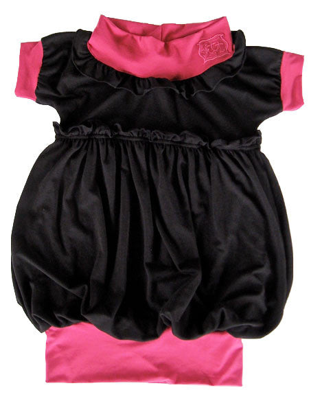 Black jersey dress with pink accent material.  Banded neckline adjusts high or towards shoulders.  For toddler and little girls.