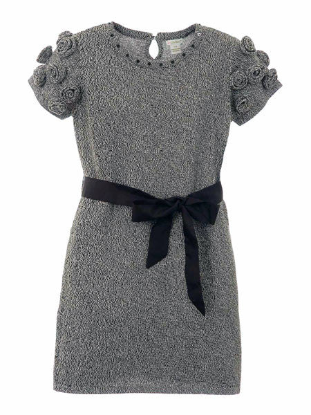 Gray short sleeve sweater dress. Knit rosettes on sleeves, black self tie at waist.