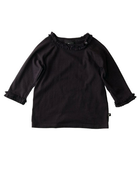 Toddler girls black jersey knit top. Three quarter sleeves.  Small ruffle trim at neckline and sleeve hems.