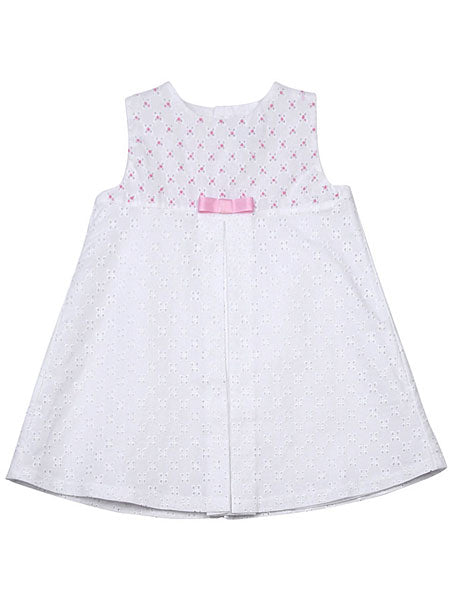 A-line white eyelet dress with center pleat for baby girls. Pink accents on upper bodice, back bow.