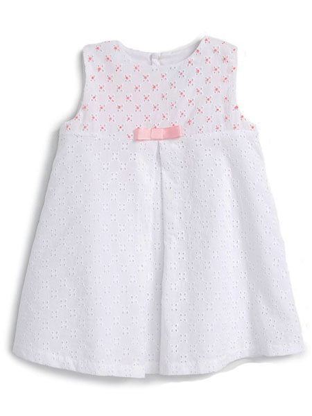 A-line white eyelet dress with center pleat for baby girls. Pink accents on upper bodice, back bow.