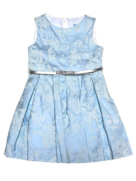 Luli & Me Blue Flocked Jacquard Dress Belted Sizes 4-6