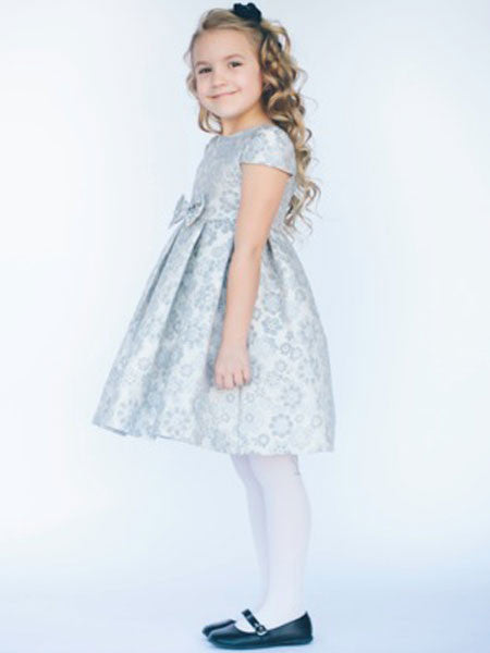 Luli & Me Floral Silver and Grey Jacquard Party Dress Girls 4, 6