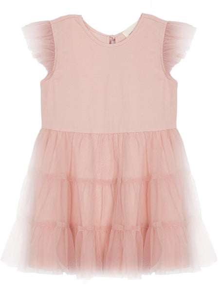 Pink tulle 3 tiered dress with flutter cap sleeves.