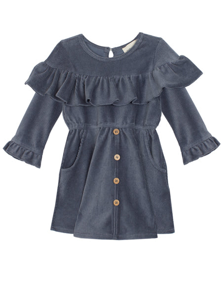 Blue corduroy girls party dress by Mable + Honey. Ruffle trim at yolk and  sleeves. Decorative front buttons.