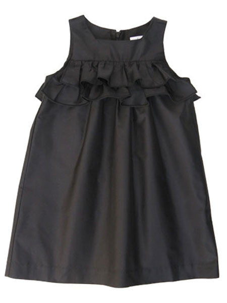 Silky black taffeta party dress for little girls. Sleeveless with a square neckline.