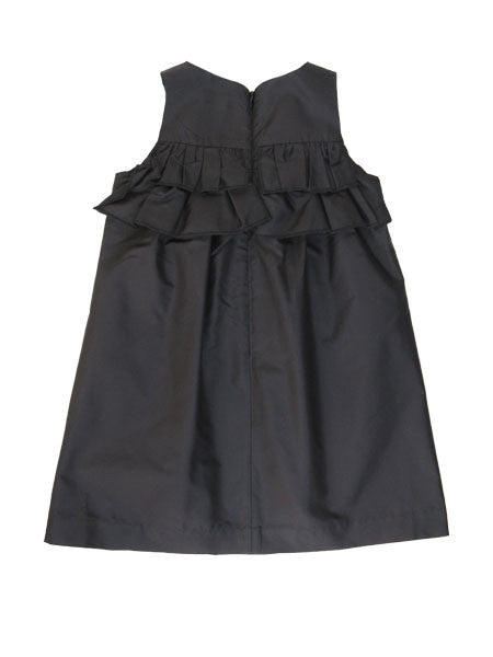 Back view of black taffeta party dress for little girls. Sleeveless with a square neckline. Zipper closure.