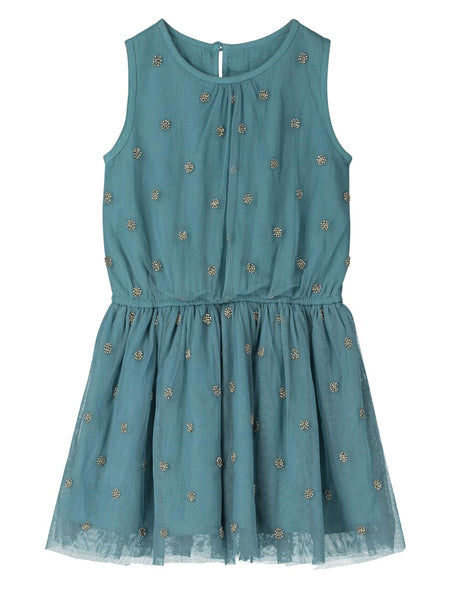 Aqua blue girls sleeveless summer party dress. Chiffon overlay with silver beaded accents, gathered at waist. Poppet and Fox brand.