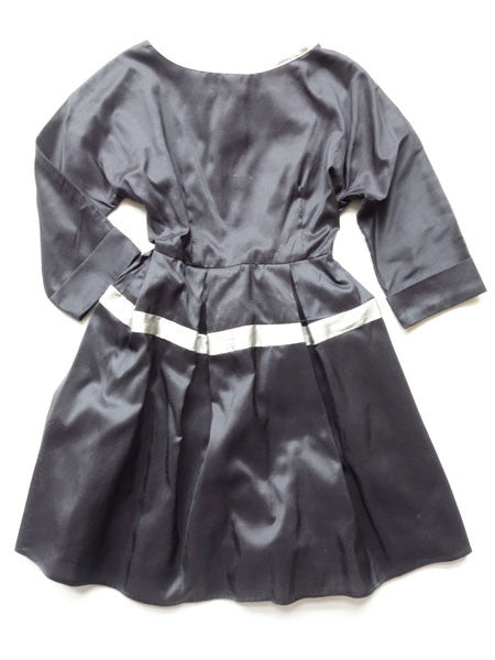 Black shantung silk taffeta dress for girls. Cuffed sleeve, elastic waist, with full skirt.