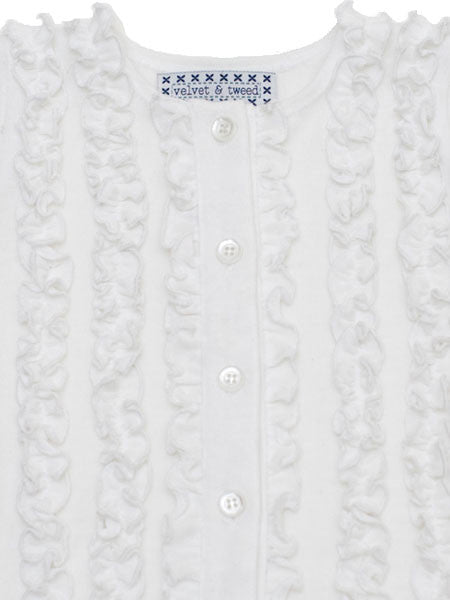 Detail view of white ivory cardigan sweater. Vertical ruffles on front of sweater, white buttons.