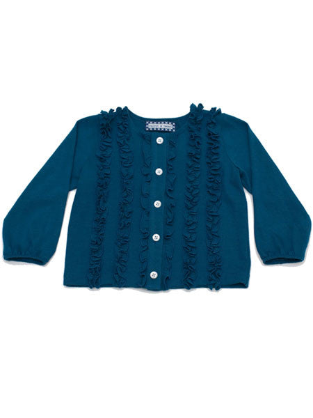 Teal blue cardigan sweater for little girls. Gathered ruffles along front placket. Slight gathering at cuffs. White buttons.