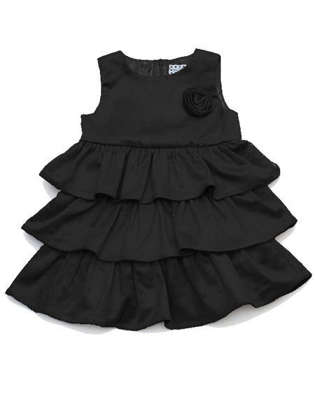 Toddler and girls sleeveless black party dress. Fine whale corduroy with three ruffled tiers.