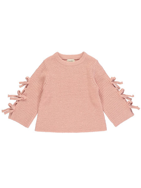 Pink knit crew neck sweater for girls. Three ties on sleeve outer side. 