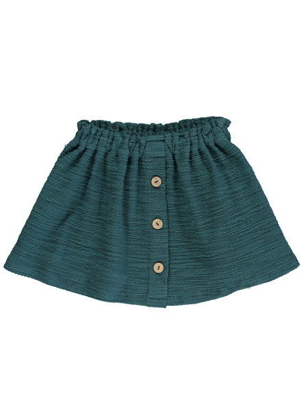 Teal green short skirt for girls. Gathered elastic waist. Front  faux center plaquette with brown button at center.